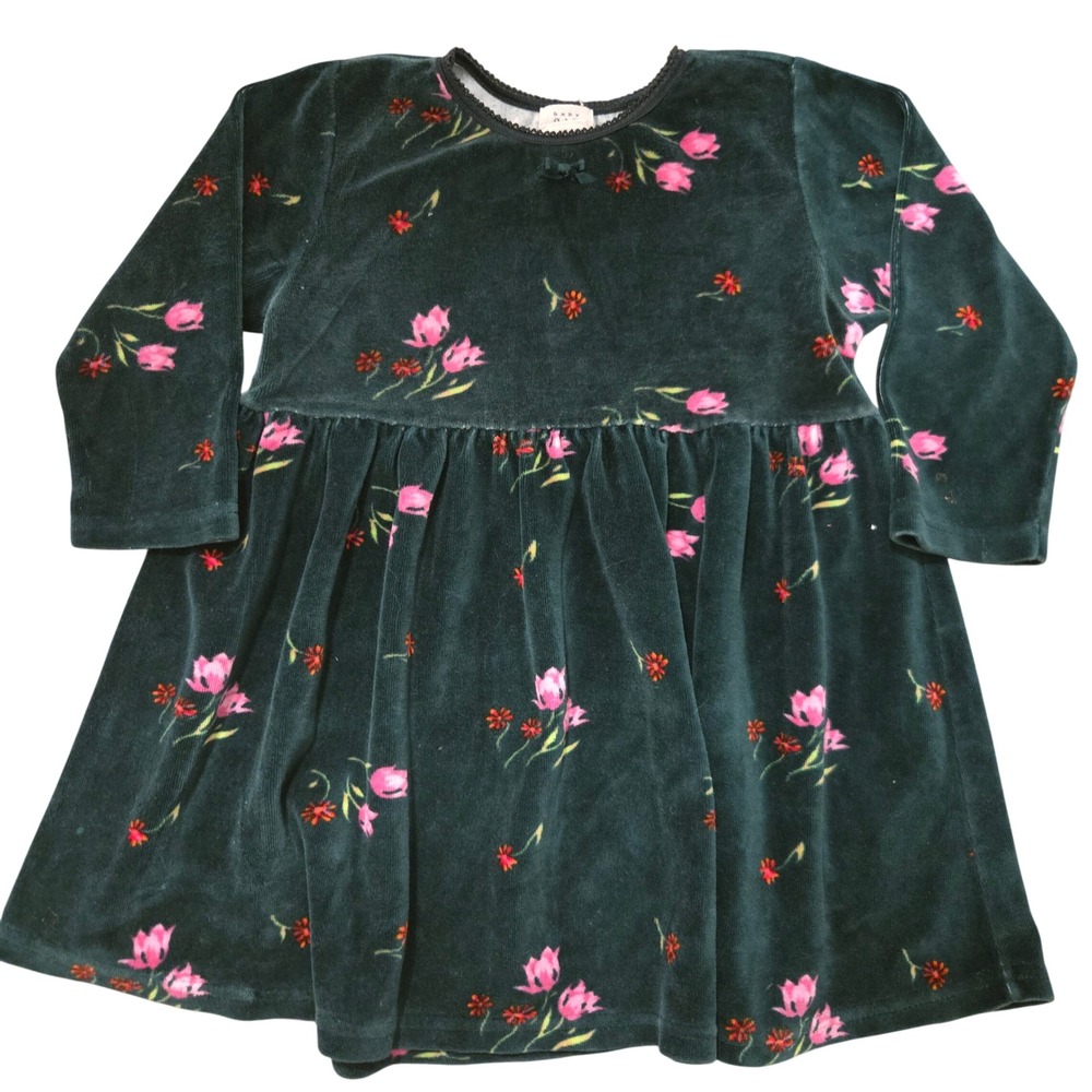 Baby Gap Toddler Girls Green Velvet Floral Long Sleeve Dress 2T‎ Holiday Tulip